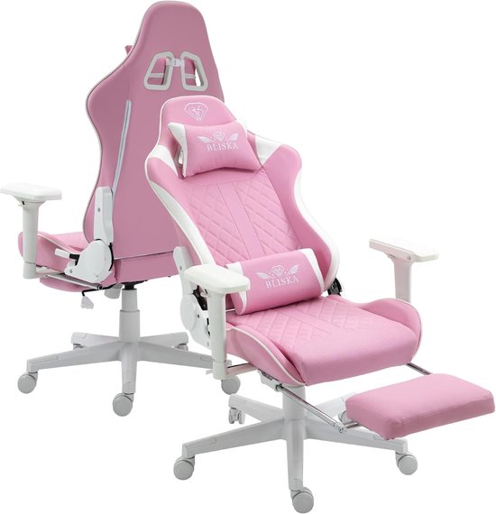 Gaming Stoel - Gamer Stoel - Comfortabel Zitten - Verstelbare Rugleuning - 70 x 55 x 140 cm - Roze Wit — afbeelding 3