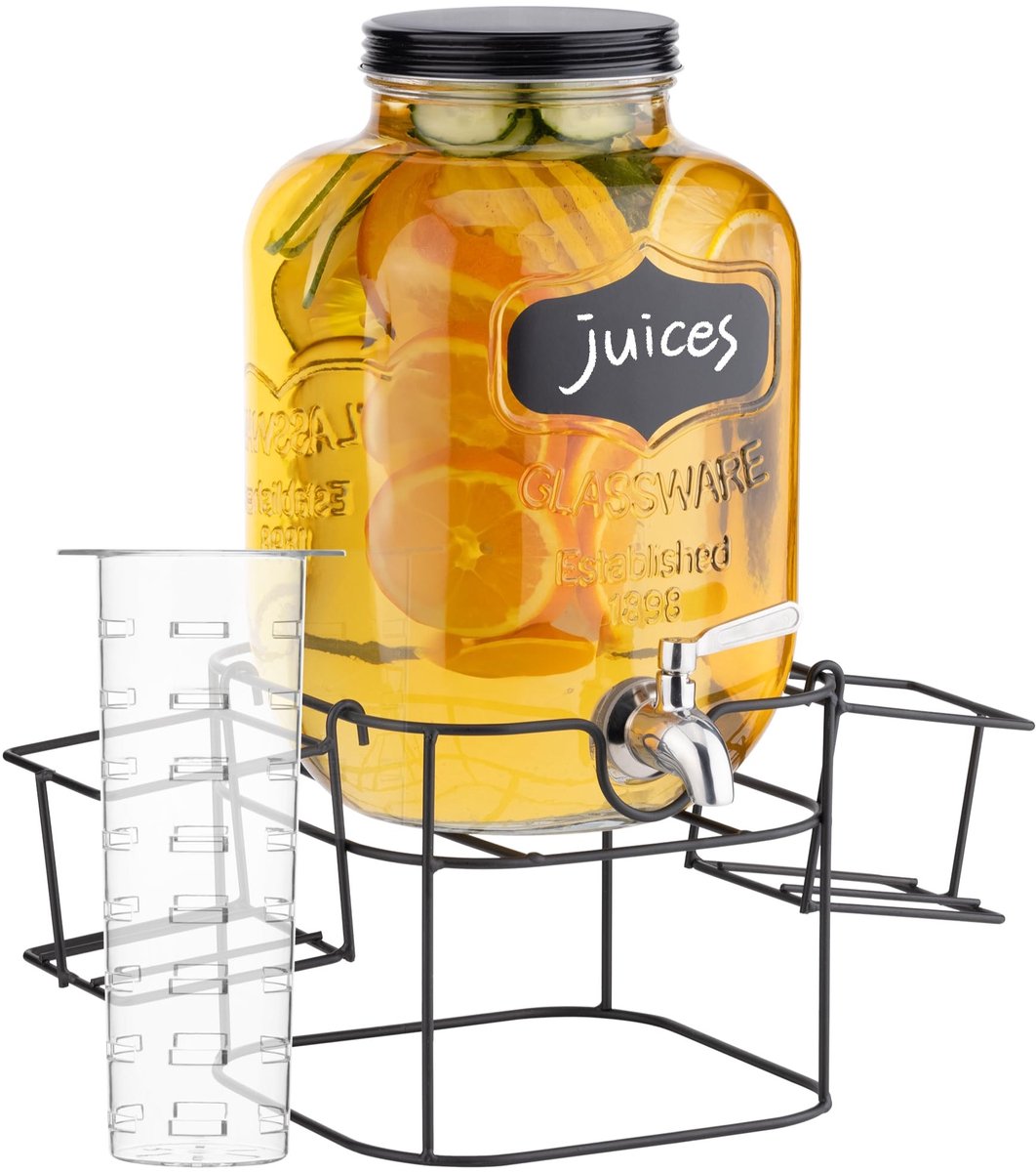 Dailygoods- Limonadetap 5L - Drankdispenser met kraantje - Glazen Sapdispenser - Twee Bekerhouders - Zwarte Metalen Standaard - Voor Koude Dranken