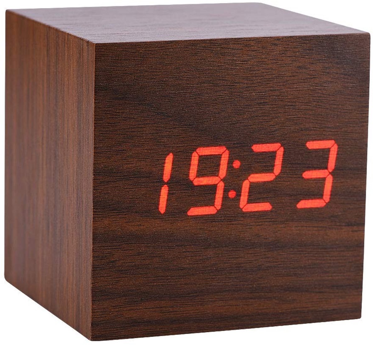 Dailygoods - Digitale LED-wekker - Multifunctionele tafelklok - Spraakbesturing - Bruin hout - Ideaal voor slaapkamer - Compact formaat