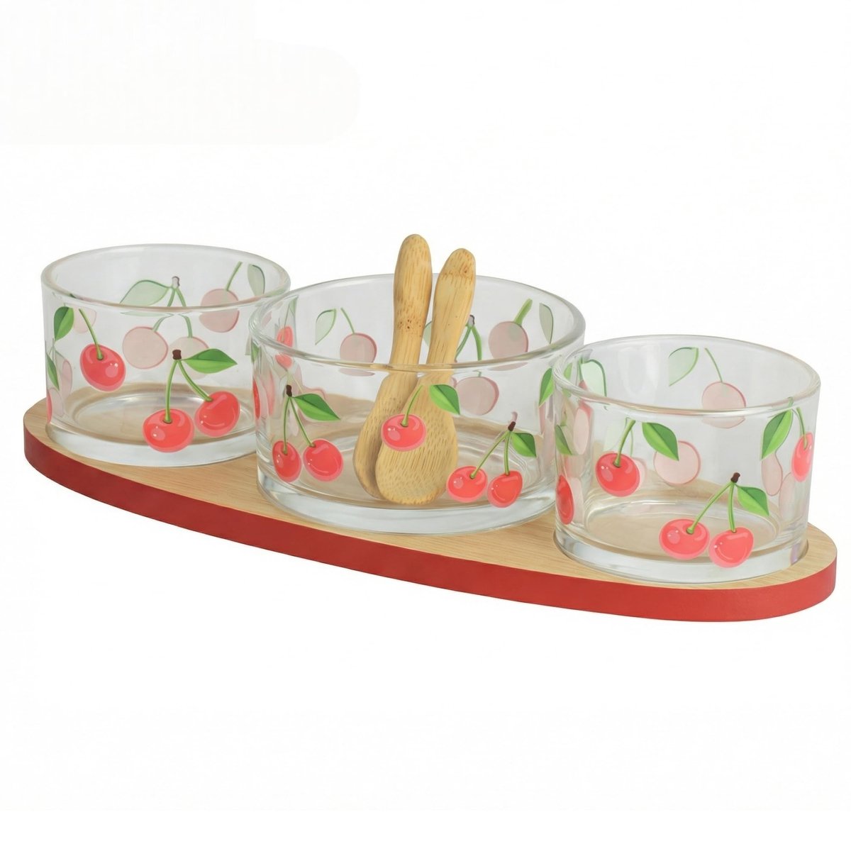 Dailygoods- Serveerset 4-delig - Houten Serveerplank - Glazen Schaaltjes - Kersendesign - Dips/Snacks - 25 cm - Snackset