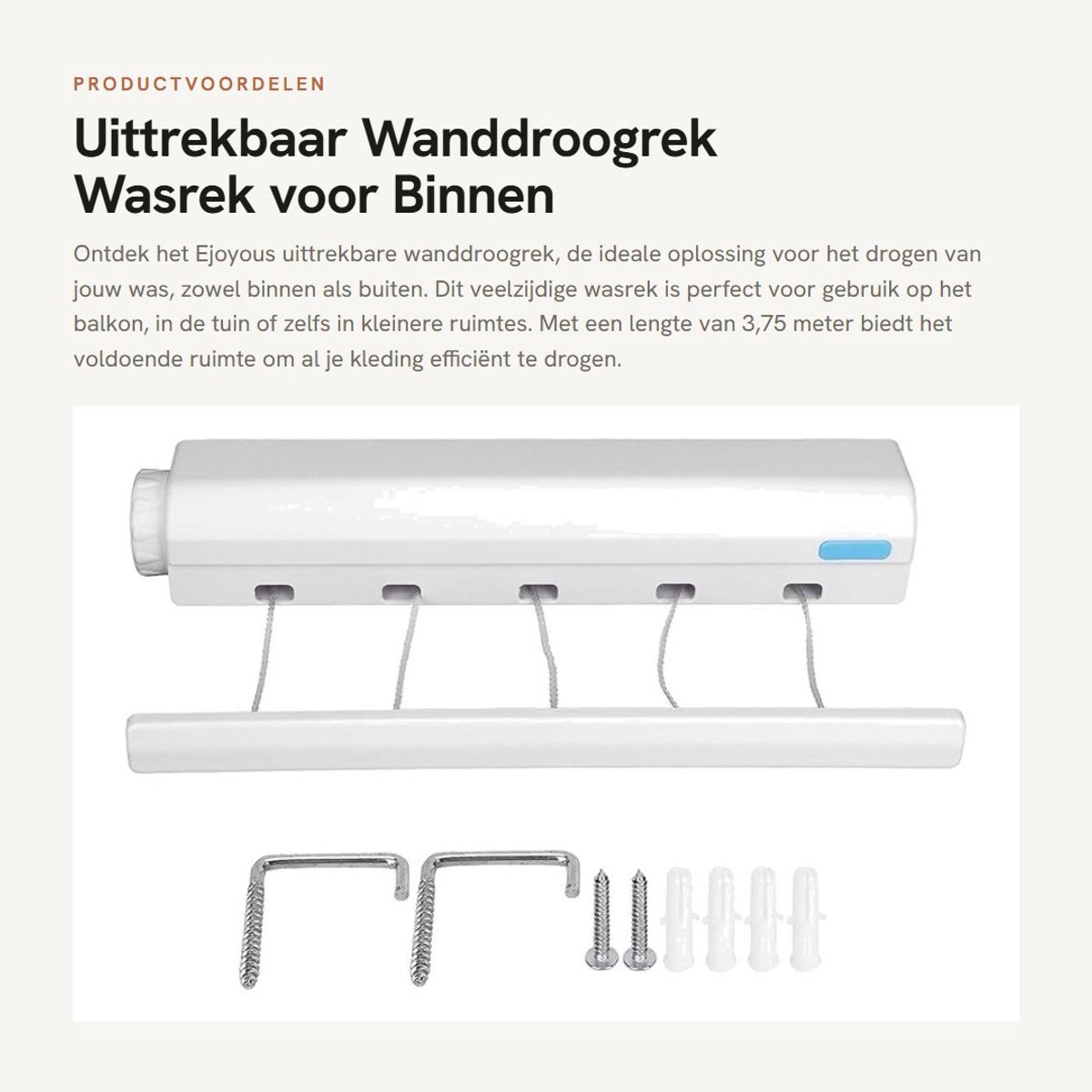 Dailygoods- Wanddroogrek Uittrekbaar 3,75 m - Wasrek Voor Binnen - Droogrek Voor Balkon - Flexibel Gebruik - 5 Lagen - Volledige Bescherming