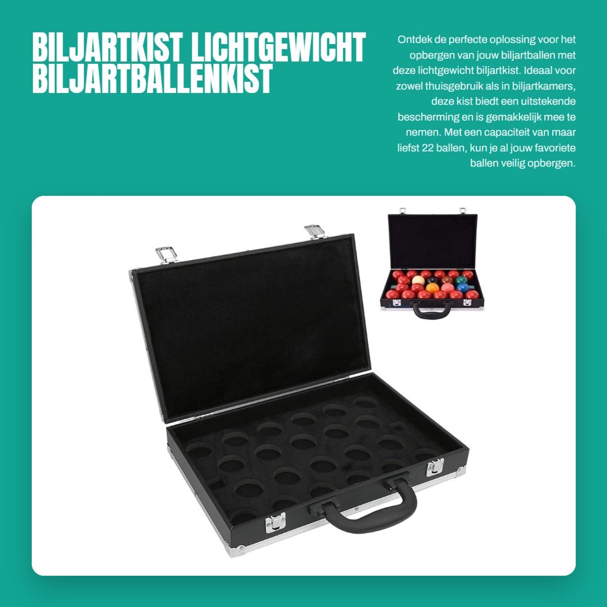 Dailygoods- Biljartballenkist Lichtgewicht - Opbergdoos voor 22 Biljartballen - Met Handvat - Roestvrij Staal - Extra Bescherming