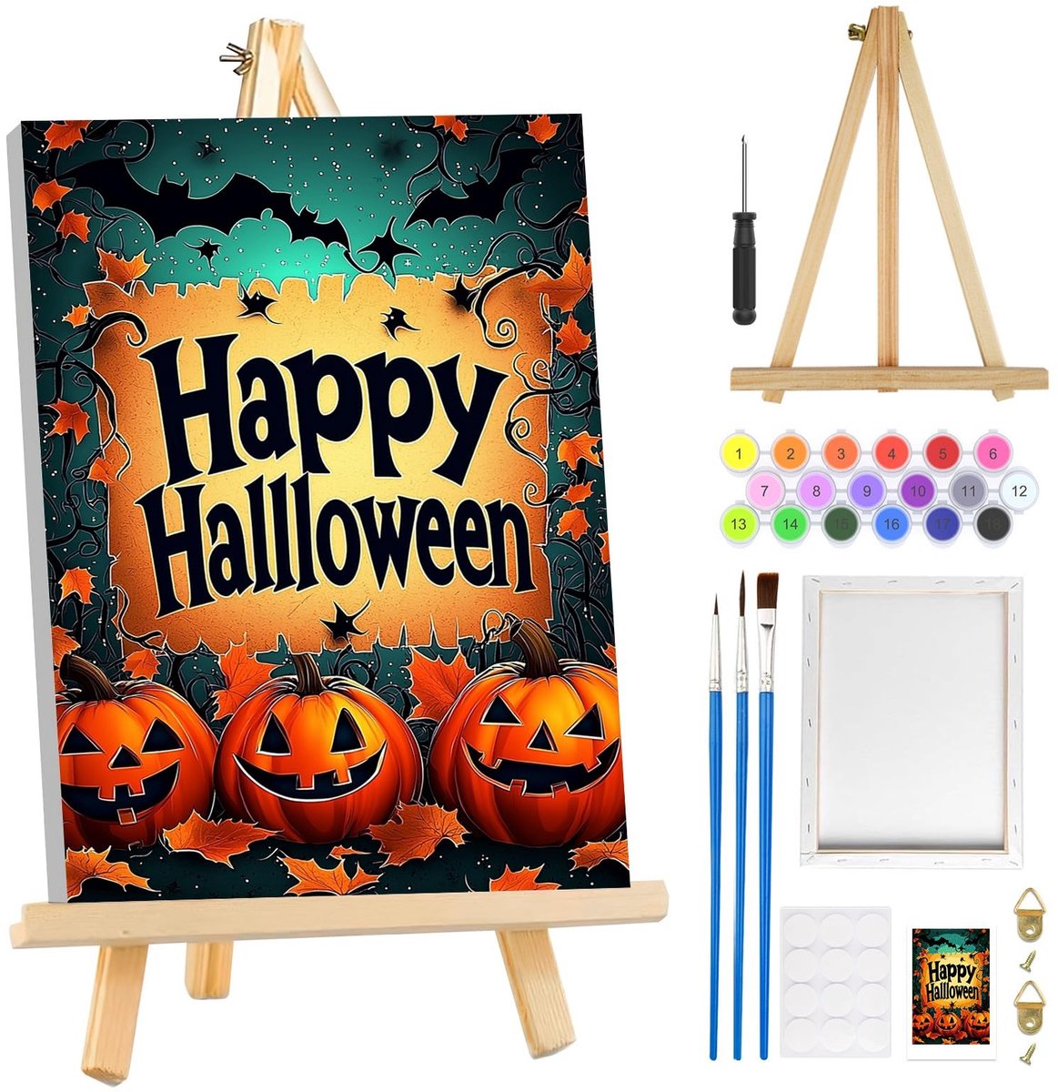 Dailygoods- Schilderen op Nummer Halloween - Schilderen op Nummer Volwassenen - Canvas Set - Houten Ezel - Doe-Het-Zelf Olieverfschilderij - Inclusief Penselen - Doe-het-zelf Schilderij