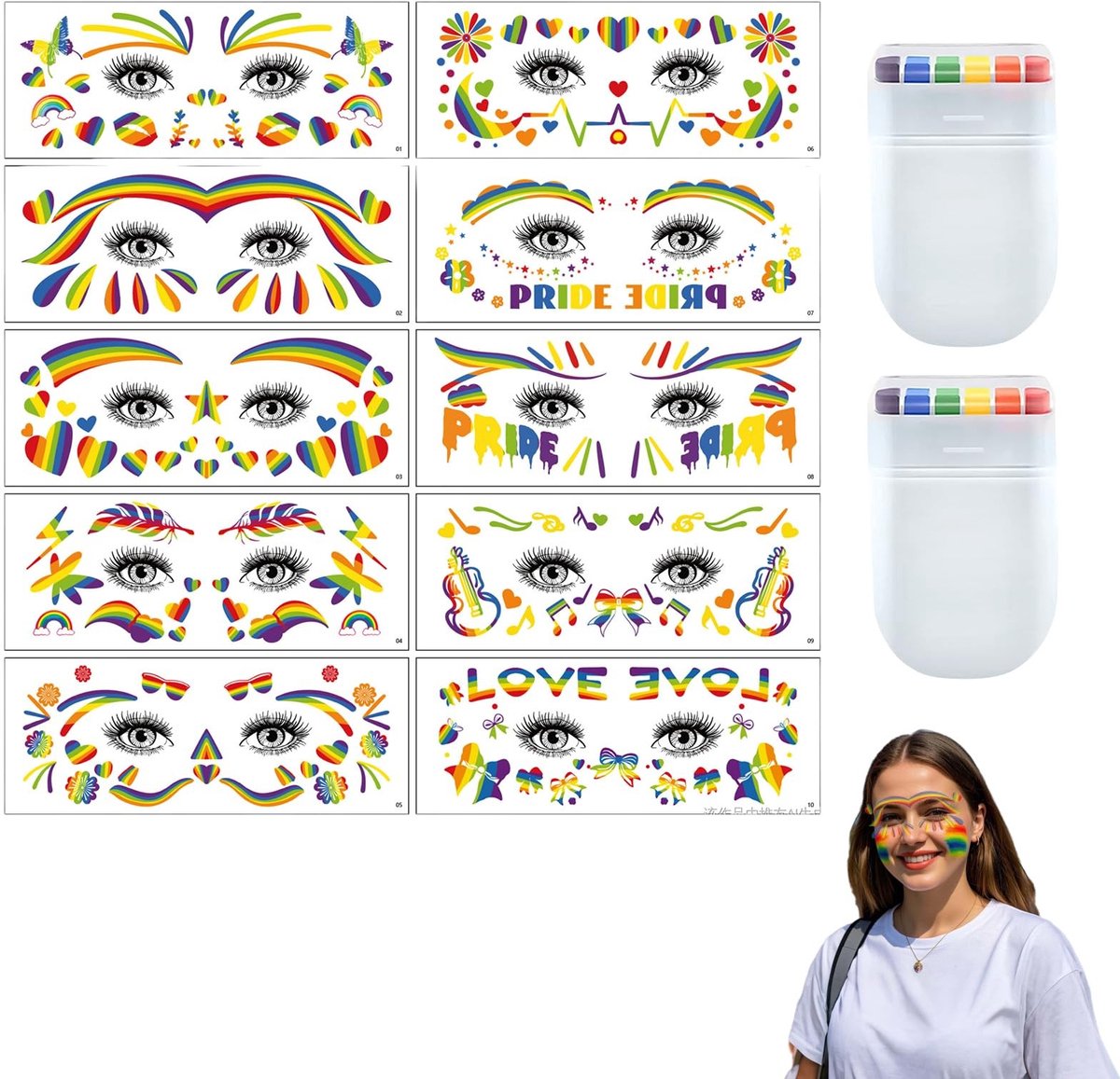 Dailygoods- Tijdelijke Tattoo - Set van 10 Gezichtsstickers - 6-Kleur Graffiti-Waxverf - Waterproof - Huidvriendelijk - Perfect voor Pride Evenementen - Gezichtstatoeage
