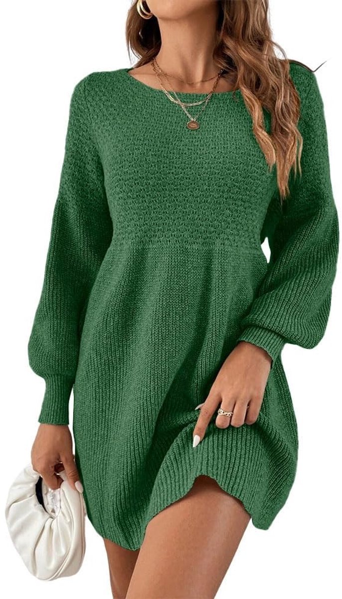 Dailygoods- Damesjurk Hoog Getailleerd - Gebreide Jurk - A-lijn Mini-jurk - Pofmouwen - Casual Comfortabel - Geschikt voor Feestelijke Gelegenheden - Trui-jurk