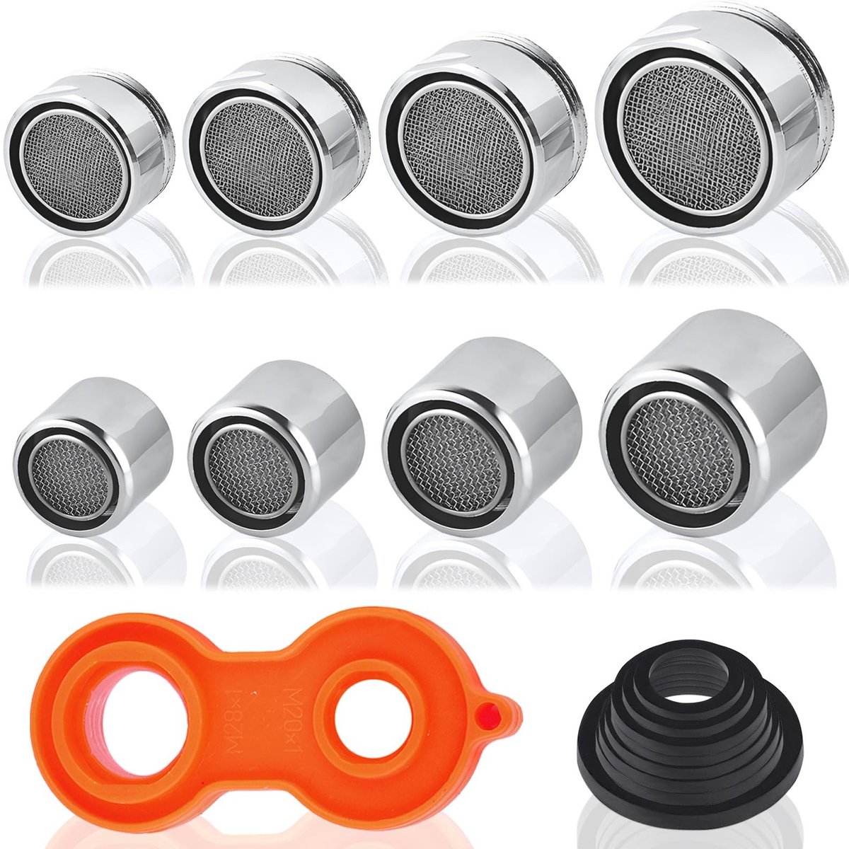 Dailygoods- Kraanbeluchter Set 8 Stuks - Vervangende Onderdelen - Messing/Roestvrij Staal - Afdichtingen - Beluchtingssleutel - Universele Pasvorm - Kraanfilter