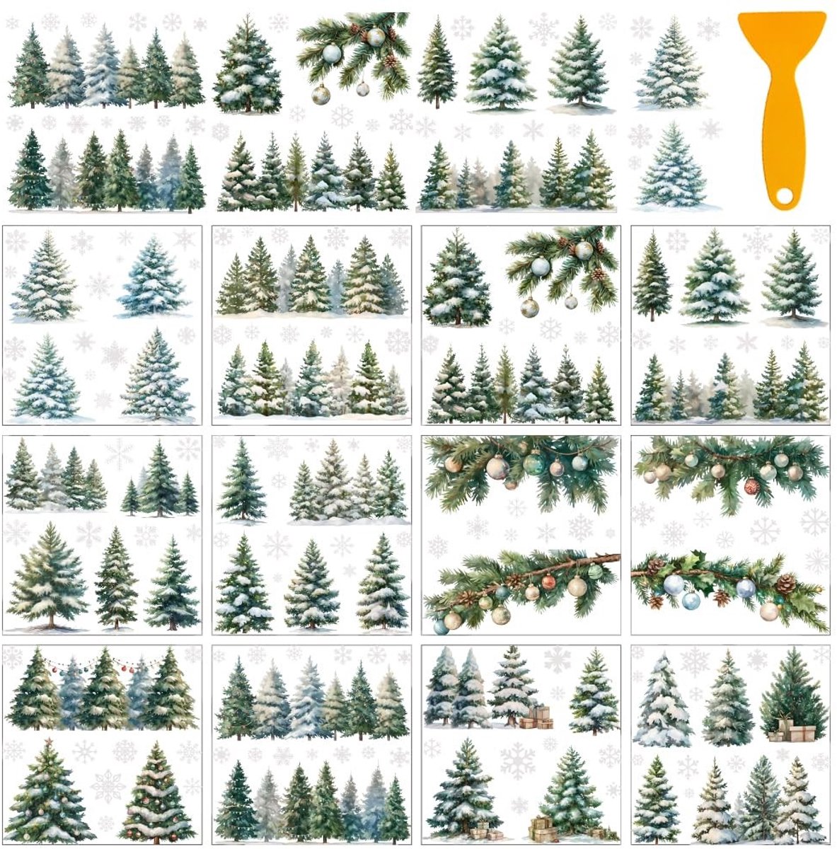 Dailygoods- Raamdecoratie Kerst - 12 Vellen Wrijven op Overdracht Stickers - Sneeuwvlok - Bomen - Meubels - 5,5 x 5,5 cm - Raamstickers