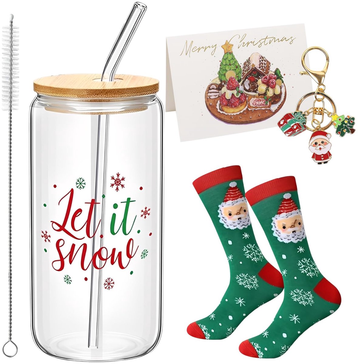 Dailygoods- Kerstbeker 500ml - Drinkbeker met deksel - Drinkglas met rietje - Kerstglazen set - Feestdecoratie - Borosilicaatglas