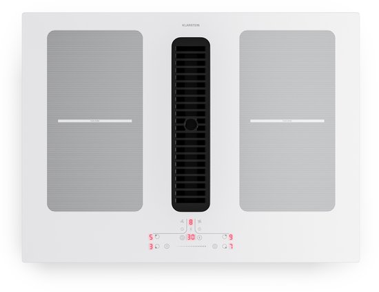 Klarstein Inductiekookplaat Full House met afzuiging - 70 cm, 4 zones, flexzones, 7335 W boost, geïntegreerde downdraft afzuiging 530m³/h, touch control, timer, kinderslot, glaskeramiek, inbouw, wit - Induction Hob - Inductie Kookveld
