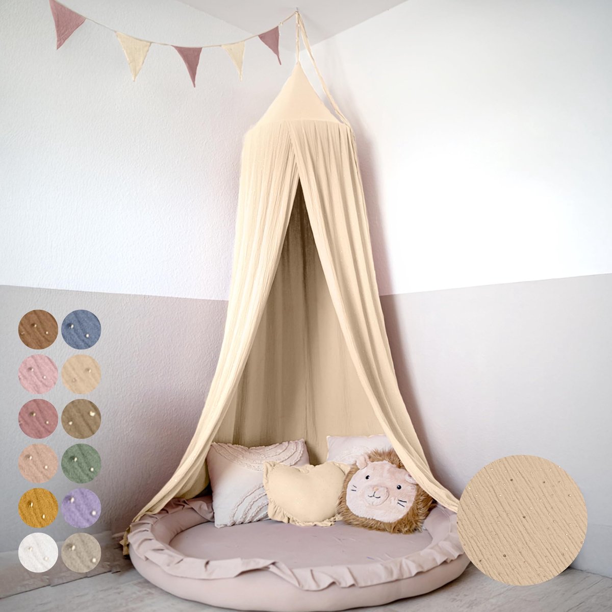 LILIMAUS Klamboe baby met gouden details - bedhemel en hemeltje kinderkamer - mousseline katoen - 245 cm - crème