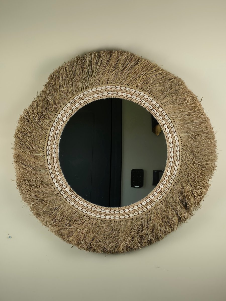 Blitzdeco Wandspiegel - Melissa - 70cm - Raffia & Cowrie Schelpen - Beige/Wit Beige, wit