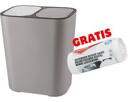 PromoHome Dubbele Prullenbak Keuken 2 Vakken met gratis vuilniszakken 20L , 40 stuks – Afvalscheiding Vuilnisemmer – Kunststof Afvalbak met Deksel – Voor Droog & Nat Afval – Recycling Prullenbak "Grijs"
