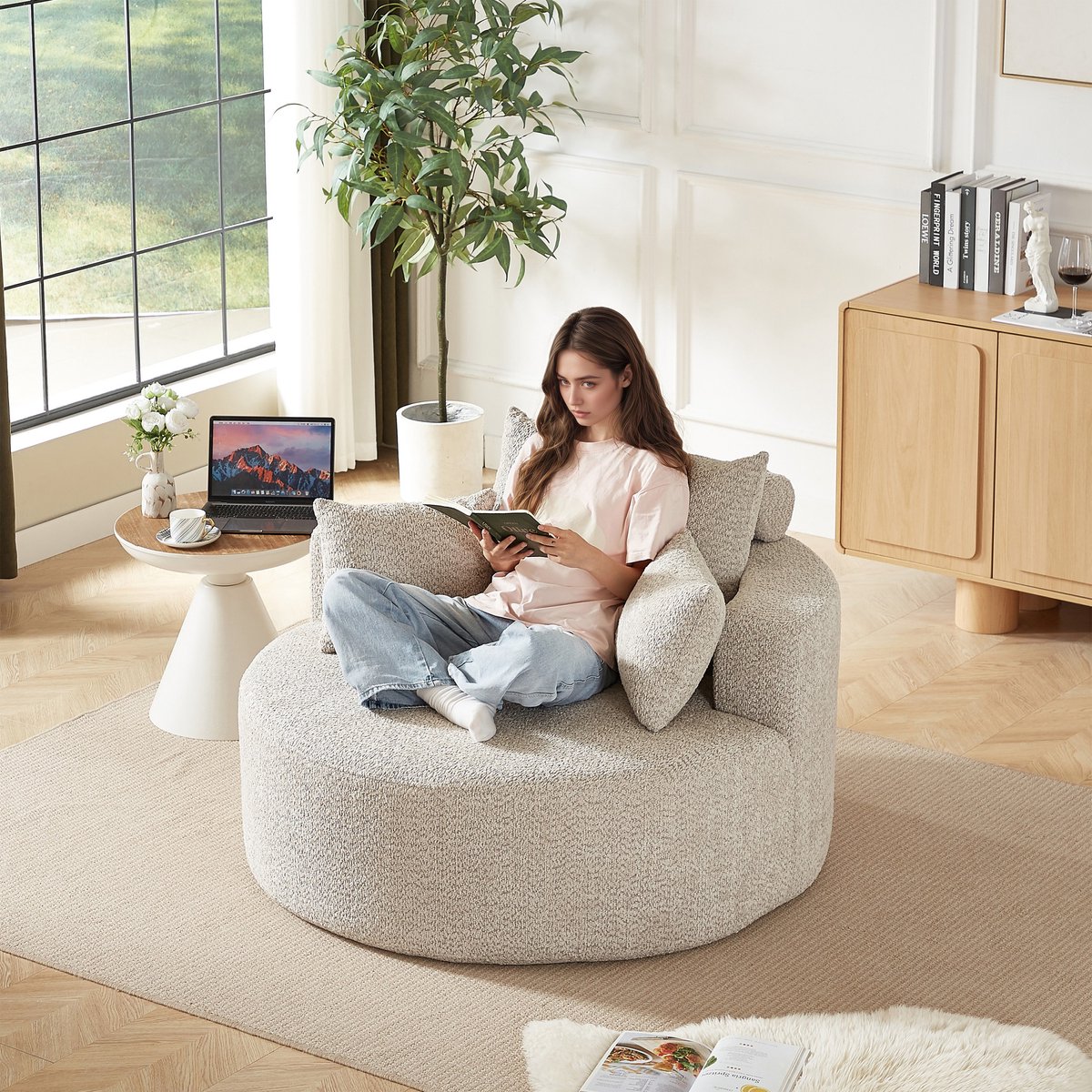 PHOEBE CAT Fauteuil - Chenille - Met kussens - Leesfauteuil - Geen montage nodig - Kaki