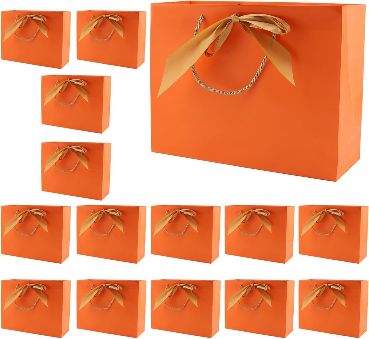 Dailygoody - Papieren geschenkzakken - Feestzakjes met handgrepen - Oranje met gouden striklint - Verjaardag en Kerstmis - 15 stuks - 32 x 25 x 11 cm