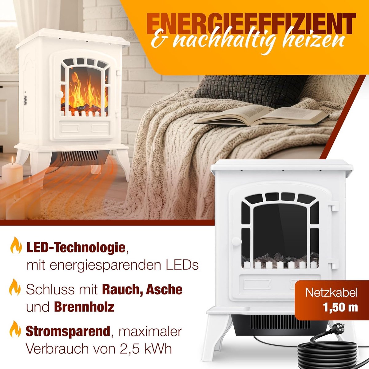 Elektrische Kachel met Vlameffect – Vrijstaande Sfeerhaard 2000W – Energiezuinige Ventilatorkachel met LED Haardvuur – Oververhittingsbeveiliging – Klassiek Design Wit – abtkantoor