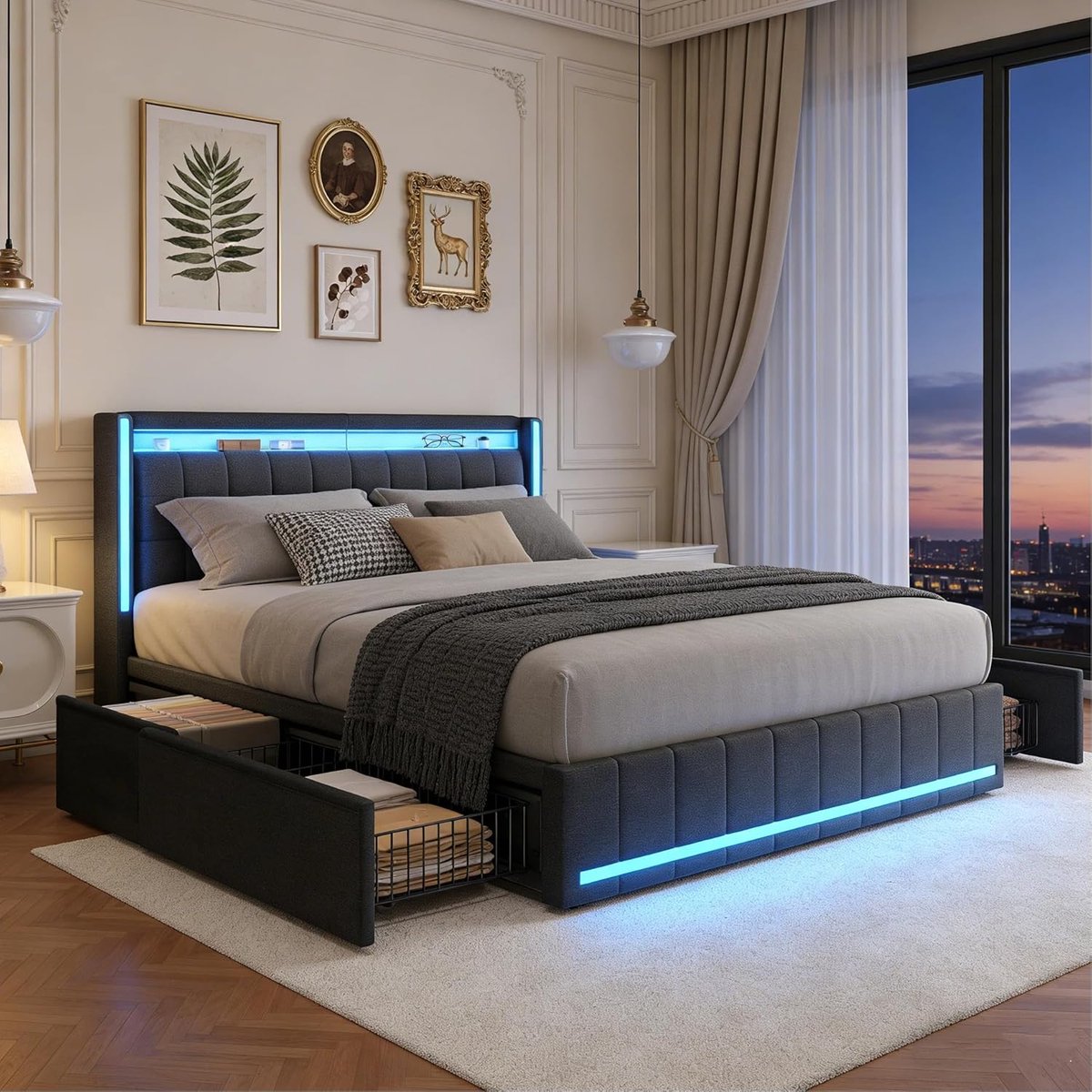 LED Boxspring Bed met Opbergruimte, USB Oplaadfunctie, RGB Verlichting en 4 Laden – 180x200 cm Grijs Linnen Design Bedframe