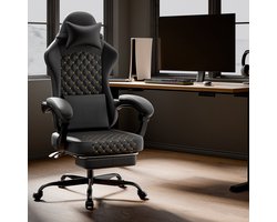 MIVRAY Bureaustoel - Ergonomisch Verstelbaar Met Voetsteun En Kantelrugleuning - Voor Werk En Gamen - Leder Zwart