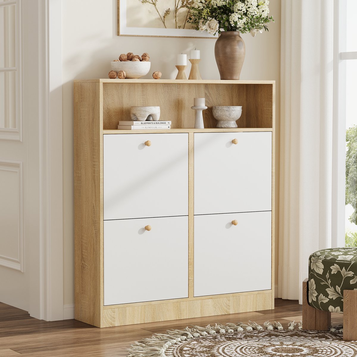 MODENUIT Schoenenkast - 4 Kleppen En Open Vakken - Voor Hal En Entree - Spaanplaat Wit/Naturel - 90x24x104,5 Cm Natuurlijk