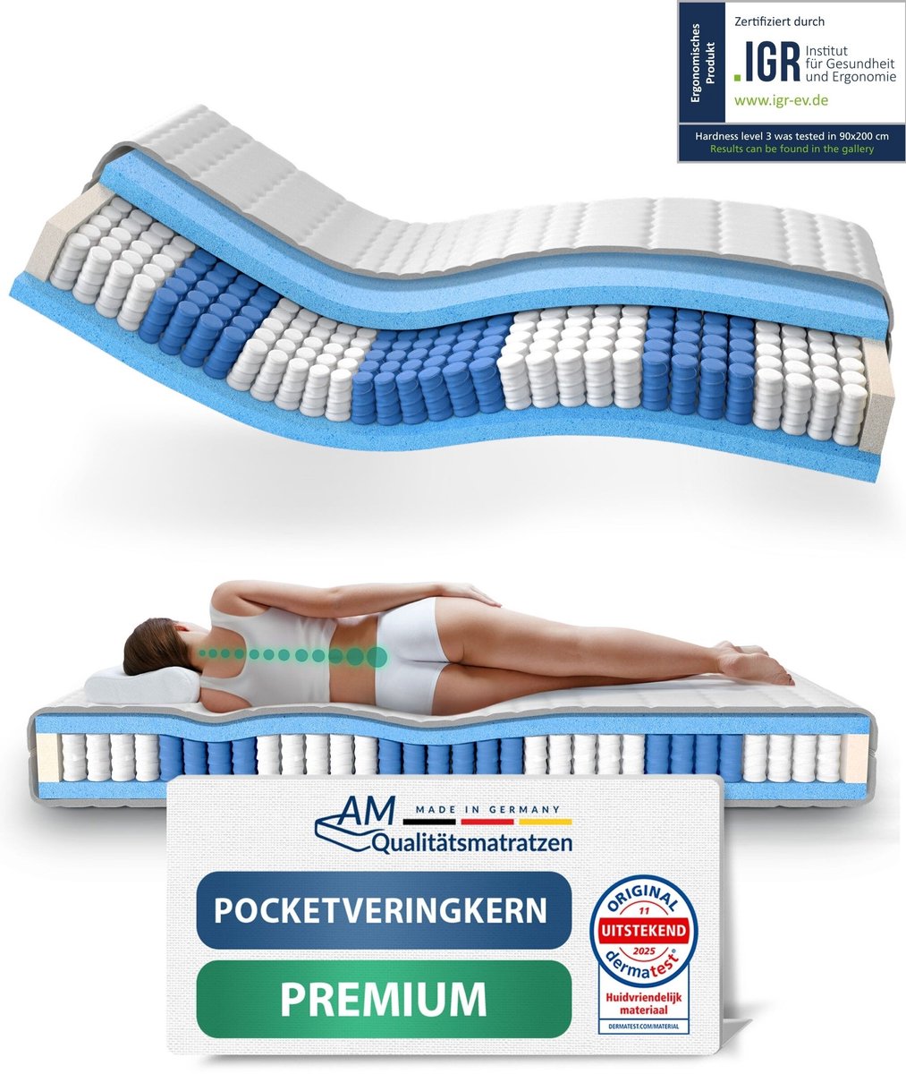 AM Qualitätsmatratzen - Hoogwaardig 7-Zone Pocketveringmatras 140x190 cm (H3) - 24 cm - Gemiddeld - Pocketvering Matras 140 x 190 - TENCEL Lyocell tijk - ergonomisch matras
