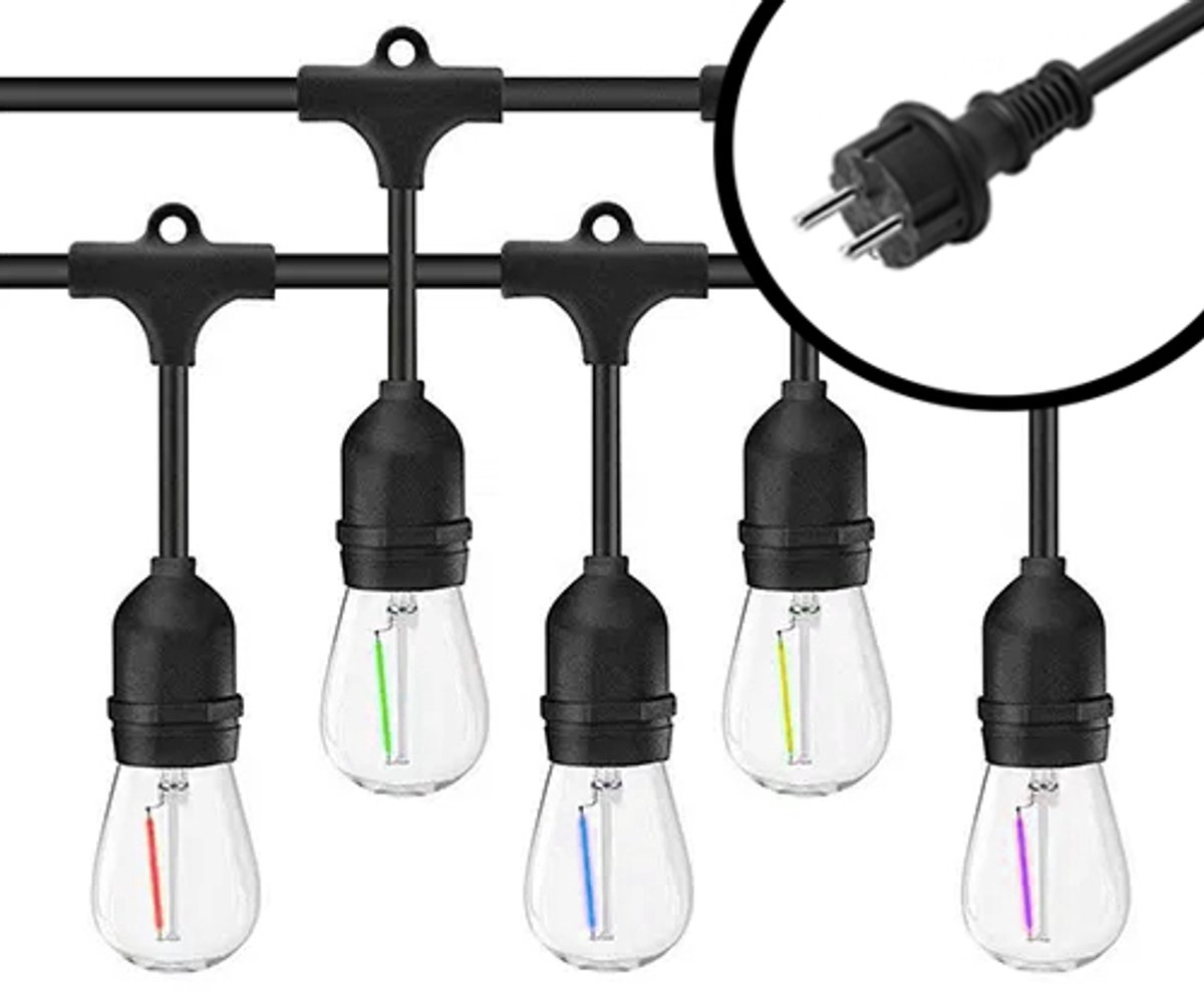 10m Arena LED Prikkabel – IP65 Lichtsnoer Buiten – koppelbaar – inclusief 10x E27 Kleuren-led lampen – Incl. Stekker