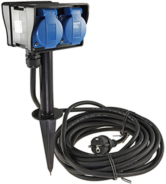 FONKEL® Prises extérieures étanches avec piquet de terre IP44 Zwart - Prise de jardin avec câble de 10 m - Prise extérieure - Prise de jardin 4 voies - Prise de jardin double prise