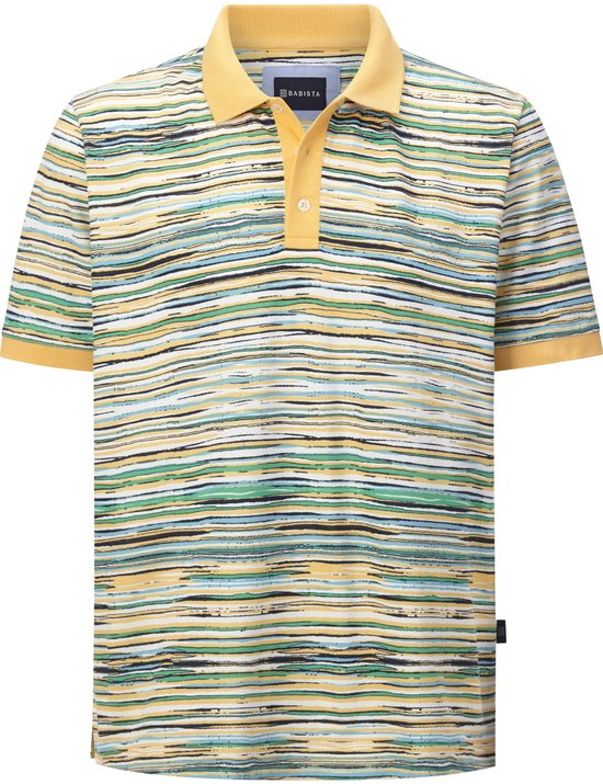 Gele polo van Babista met horizontale strepen in groen, blauw, zwart en wit.