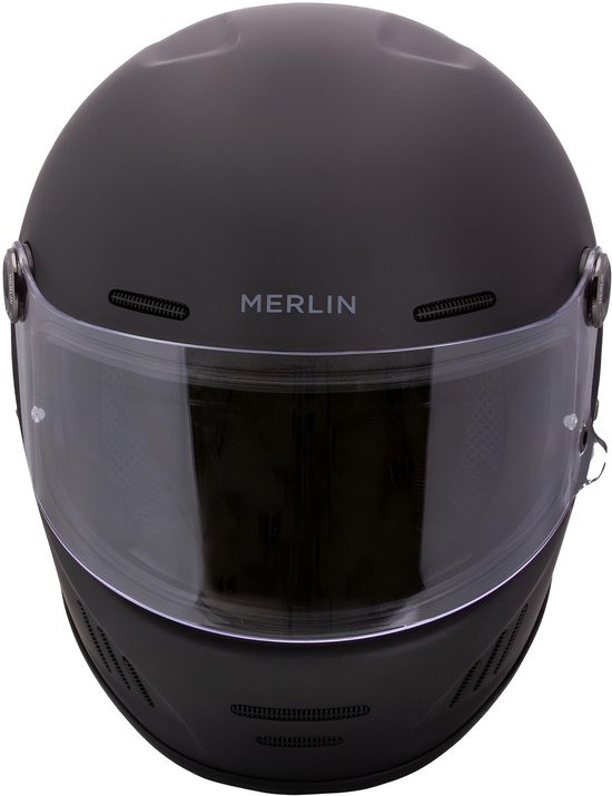 Matzwarte Merlin motorhelm met doorzichtig vizier en Merlin logo op de voorkant.