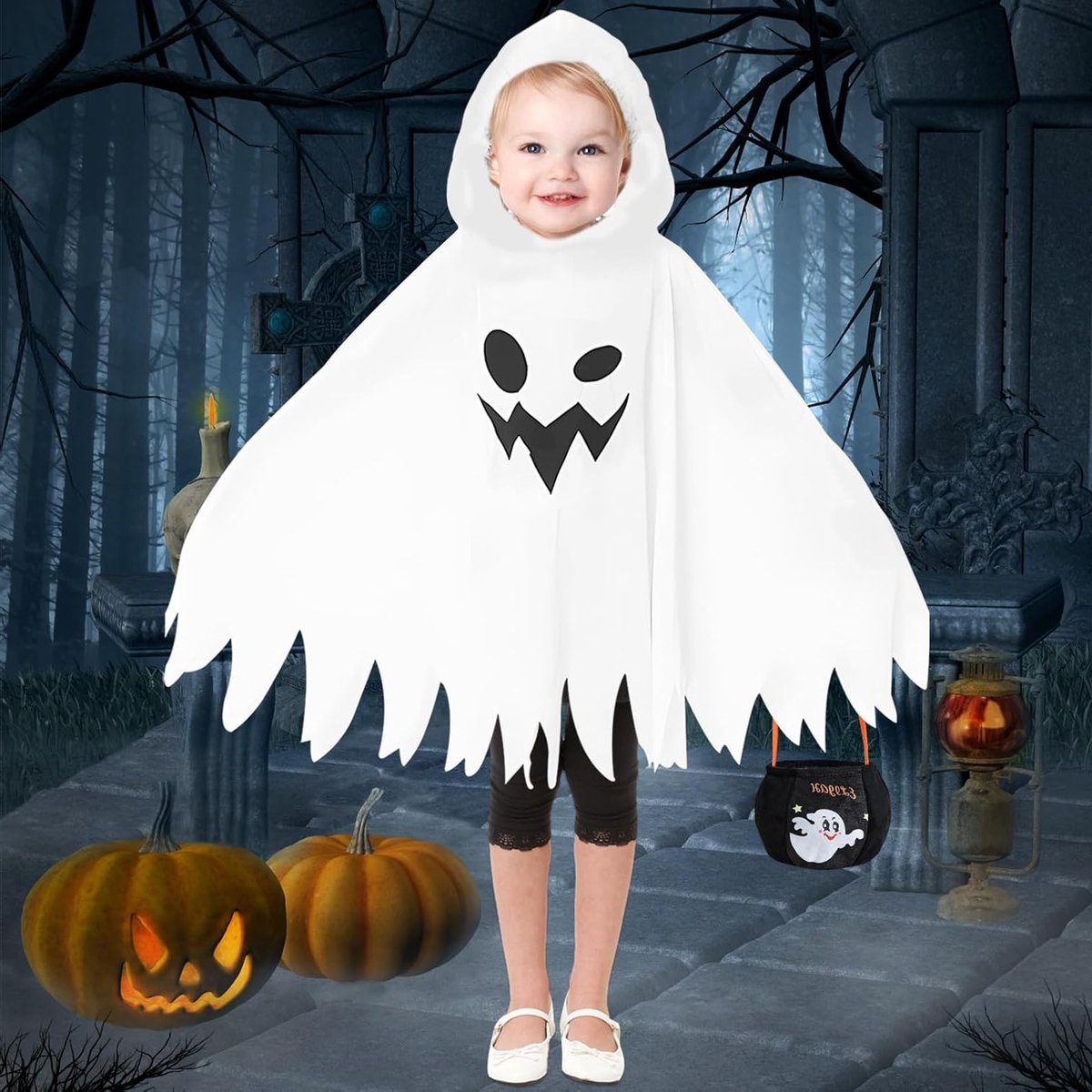 Halloween Kostuum Kinderen Witte Geest Cape voor Halloween, Horror, Carnaval en Cosplay met Handtas