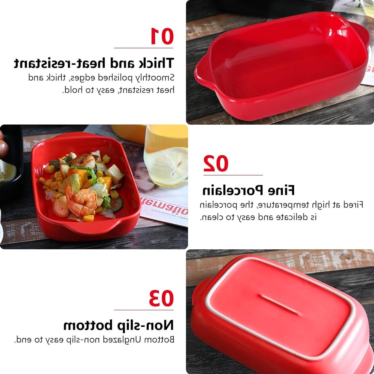 Set van 2 Kleine Keramische Rechthoekige Schalen met Handvat voor Lasagne en Tiramisu - Rood
