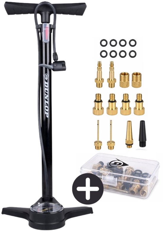 Zwarte Dunlop vloerpomp met drukmeter, adapterset in een transparante doos en losse ventielen.
