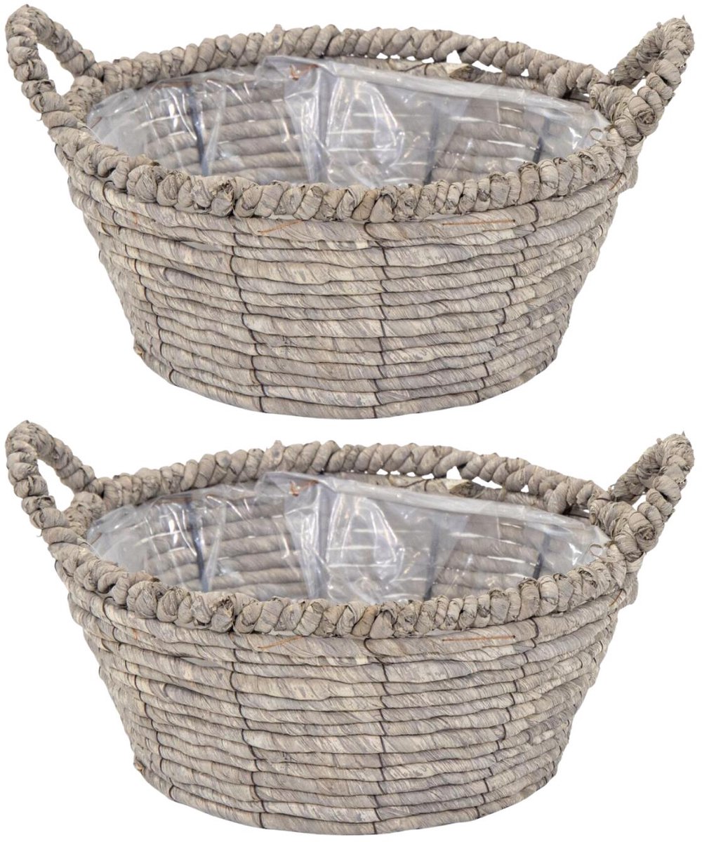 Mega Collections Opbergmand Sneek - 2x - grijs - riet - D25 x H11 cm