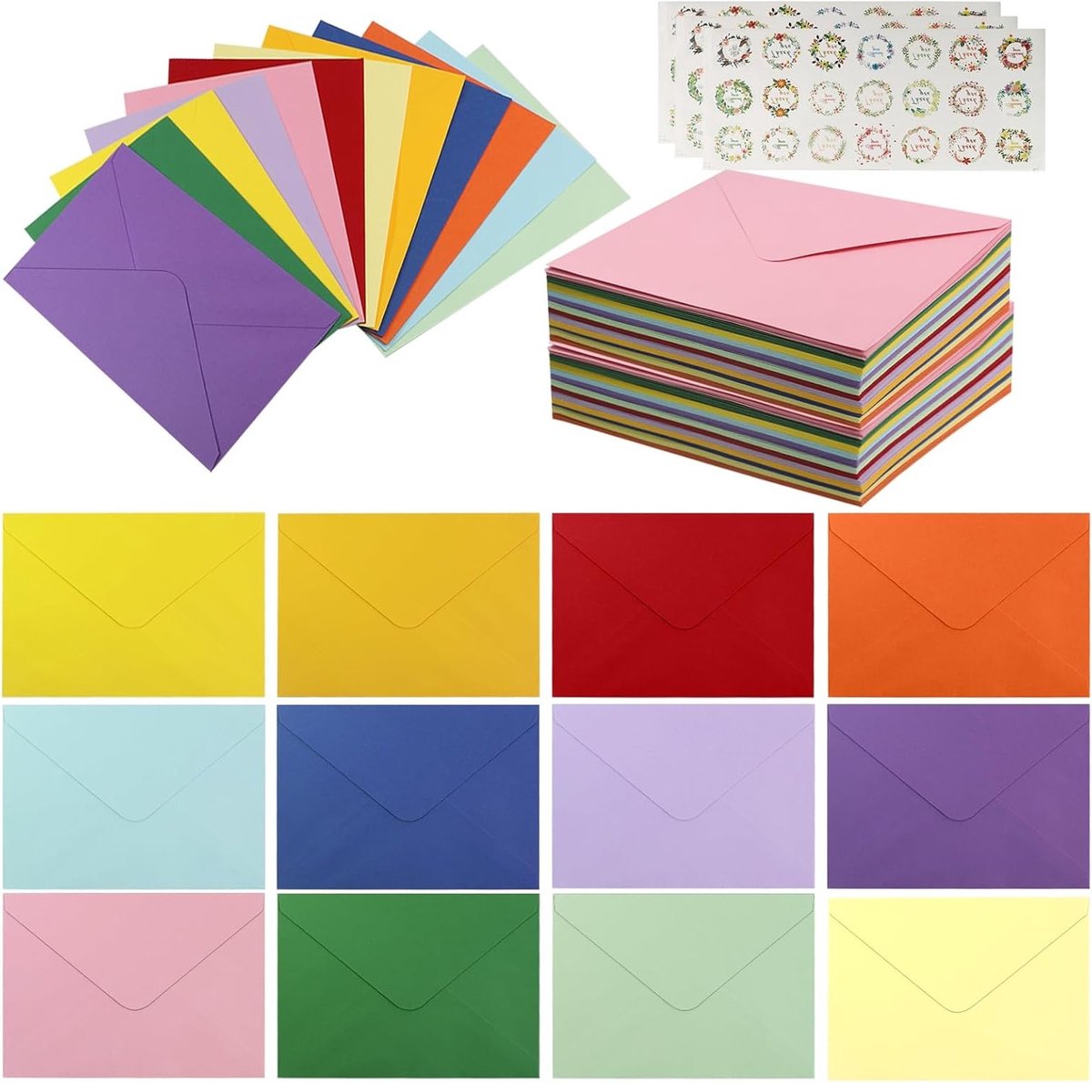 Kleurige Enveloppen Set van 72 Stuks met Zelfklevende Stickers, Perfect voor Verjaardagen, Bruiloften en Feestjes in 12 Kleuren