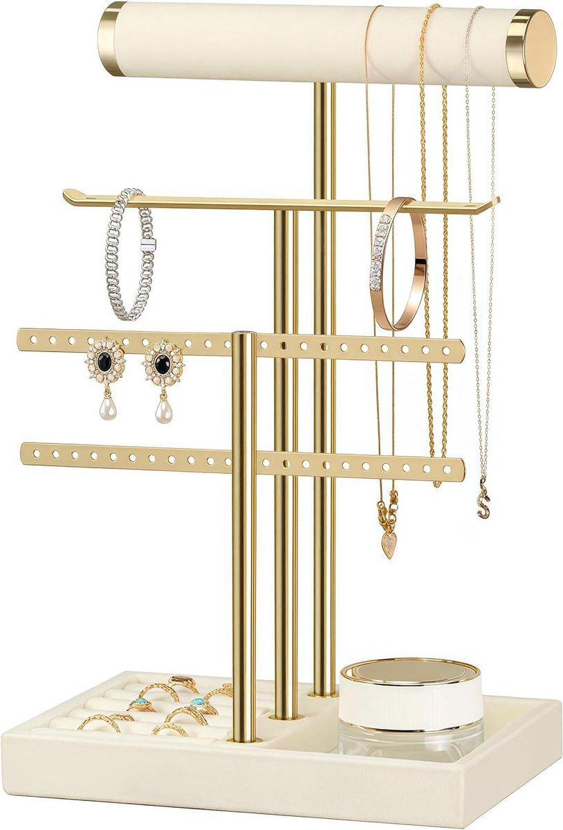Elegante 3-laagse sieradenstandaard met afneembare T-stangen, ideaal voor het organiseren van armbanden, kettingen, horloges en ringen in een stijlvolle beige kleur.