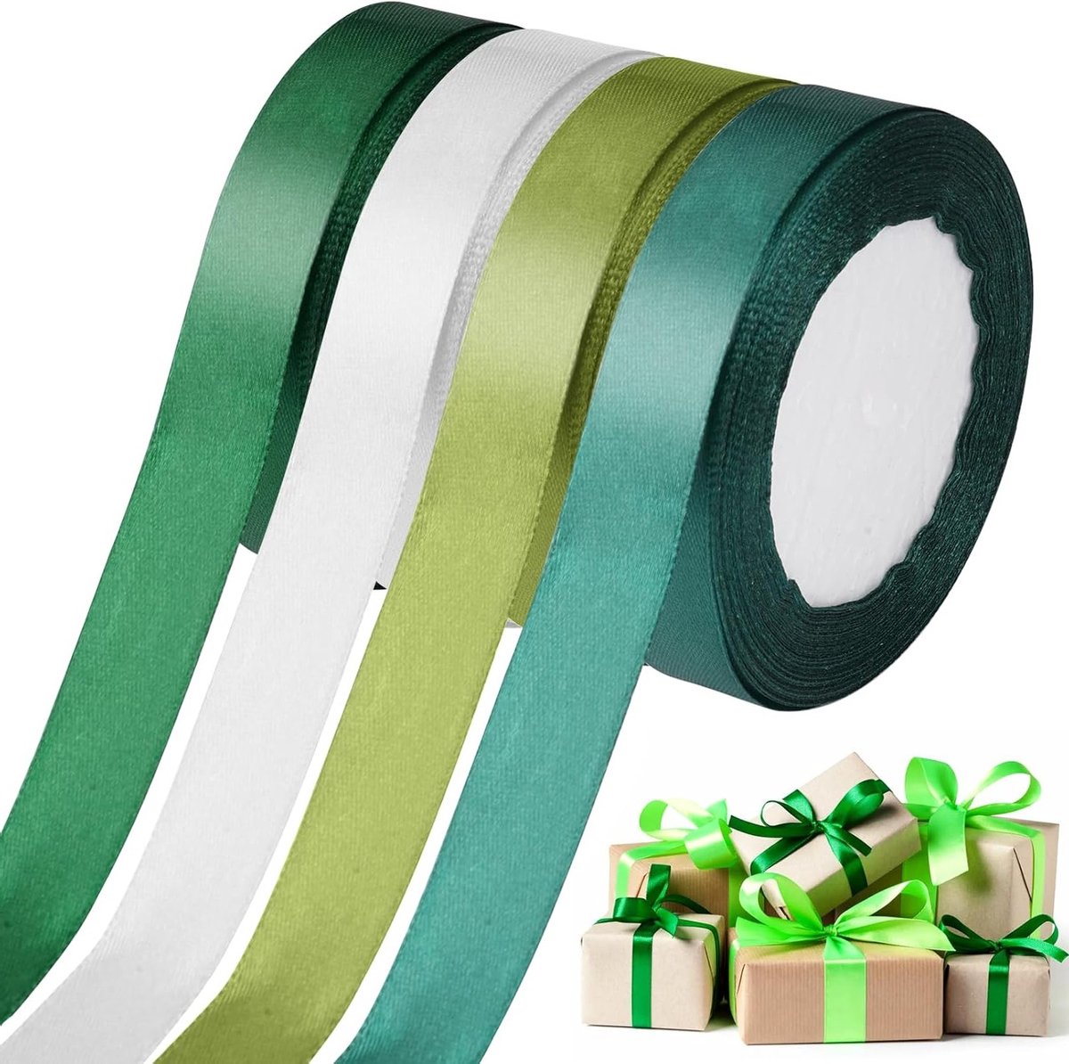 Satin Cadeau Ribbons in Groen - 4 Rollen van 20mm x 88m voor Verpakking, Bruiloften en Bloemstukken