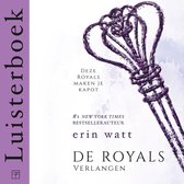 Luisterboek: De Royals Verlangen, met een paarse, sierlijke sleutel en tekst 'Deze royals maken je kapot'.