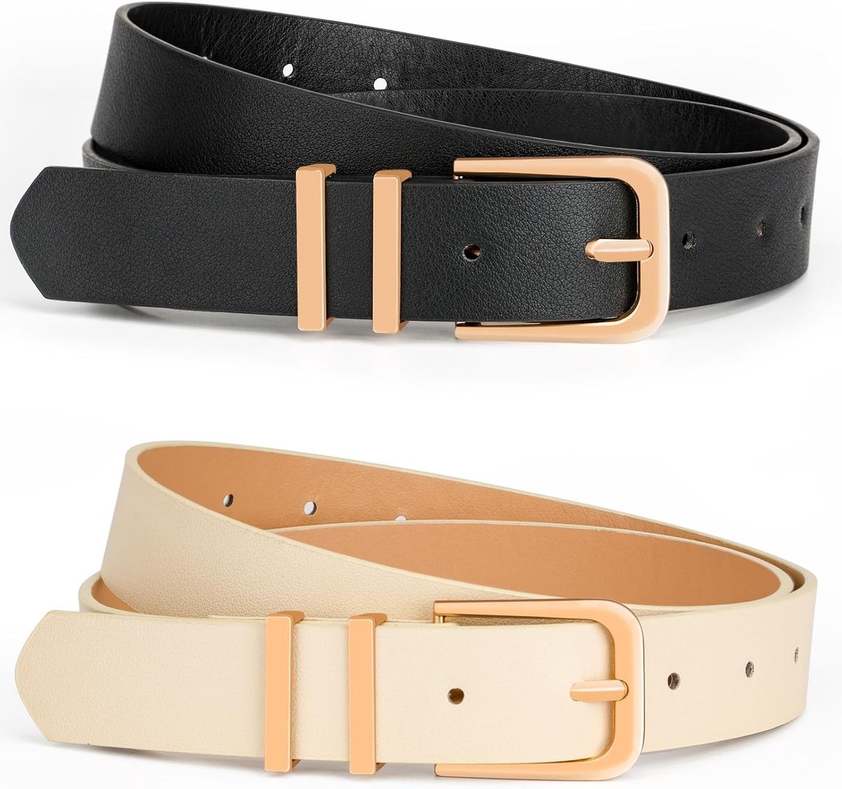Set van 2 Dames Riemen - Smalle PU Leren Riemen voor Jurk en Jeans - Retro Verstelbare Taille Riem - Cadeau voor Vrouwen - Beige en Zwart met Sleutelhangers