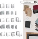 Overzicht van verschillende Vicco Rion kastmodules en materiaalstalen in hout- en hoogglanslook.