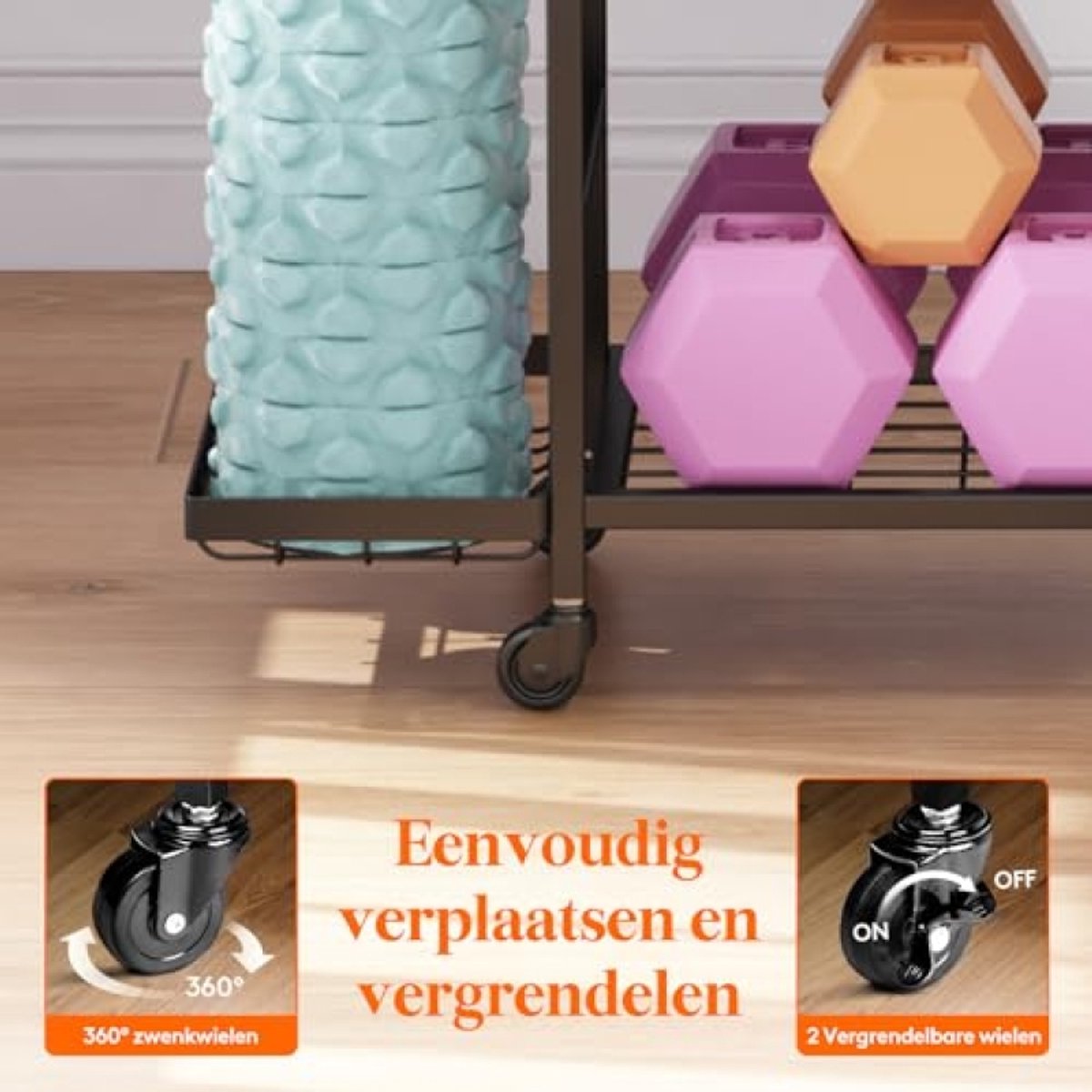 Yogamat Opbergrek - 4-laags Fitness Accessoires Organizer voor Halter, Kettlebell, Yogablok, Schuimrol - Verrijdbaar met Zwakwielen en Haken - Zwart – foto 4