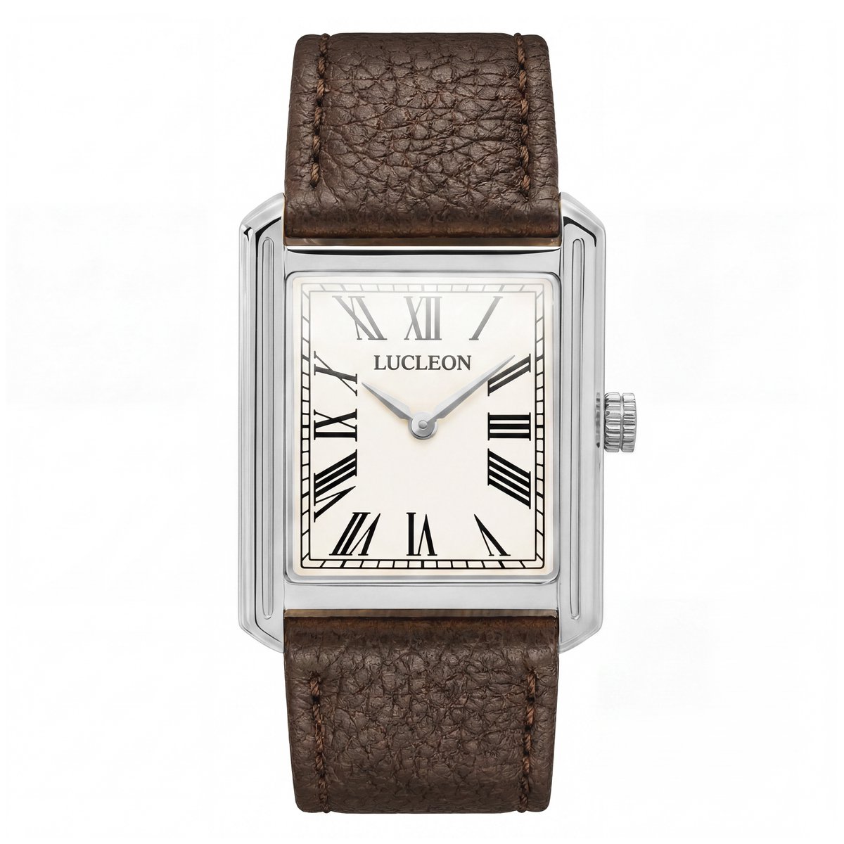Legacy | Retro vierkant zilverkleurig horloge met crèmekleurige wijzerplaat met Romeinse cijfers en donkerbruine leren band