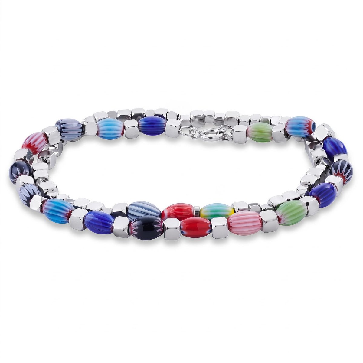 Pearlmania | Cubes Spectrum armbandenset met veelkleurige glazen kralen en roestvrij staal