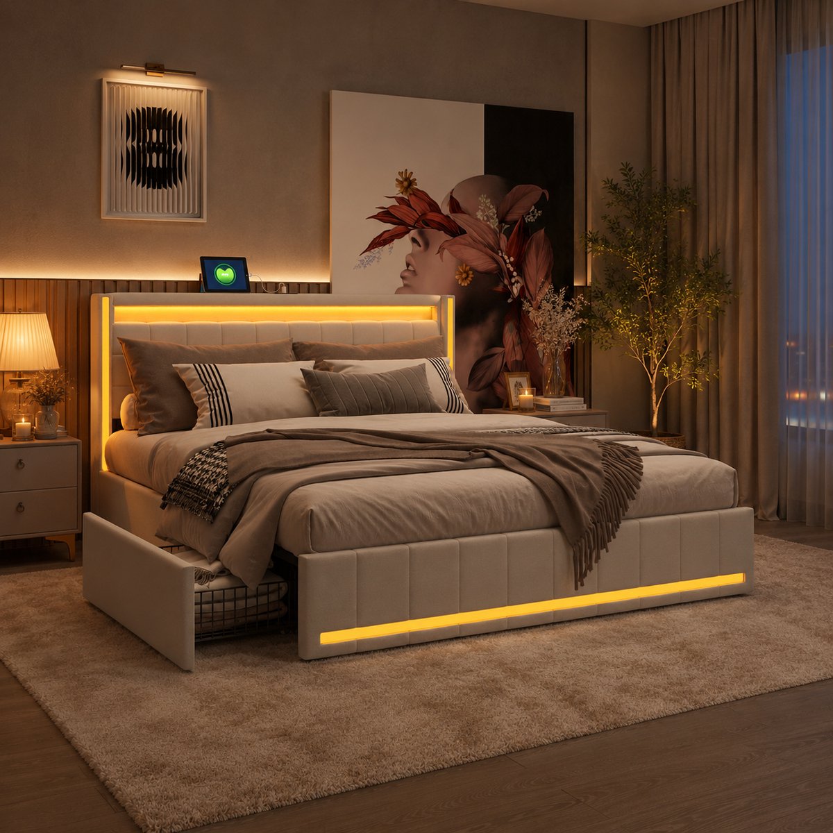 Opbergbed 140x190 cm met LED-verlichting en USB-aansluiting - Tweepersoonsbed 140x190 met 4 lades en gestoffeerd hoofdbord - Bedframe met lattenbodem - linnen Beige