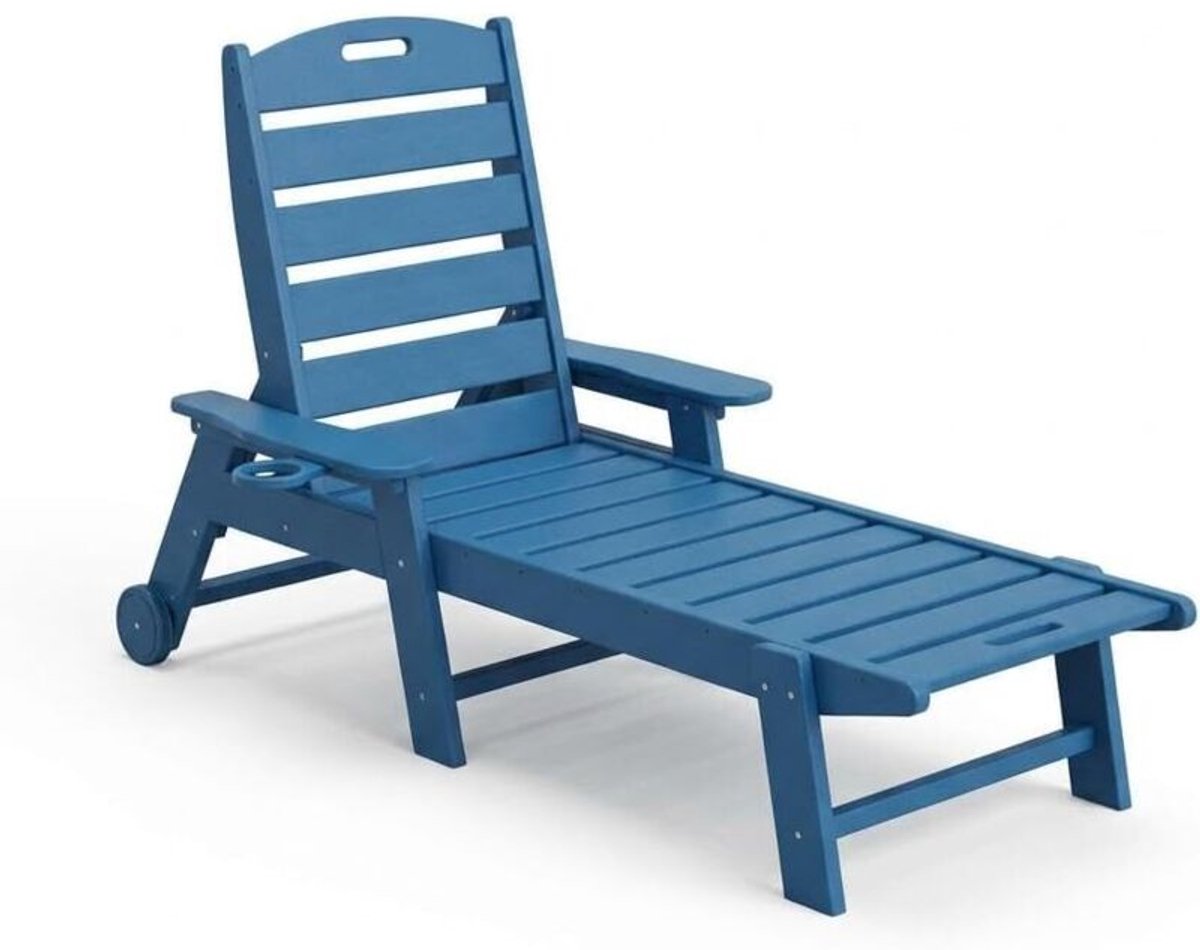Danky Opklapbare Ligstoel met Wielen - 5-standen Verstelbare Buitenligstoel - Inklapbare Zonneligstoel voor Tuin, Zwembad, Strand & Camping - Blauw - met Wieltjes