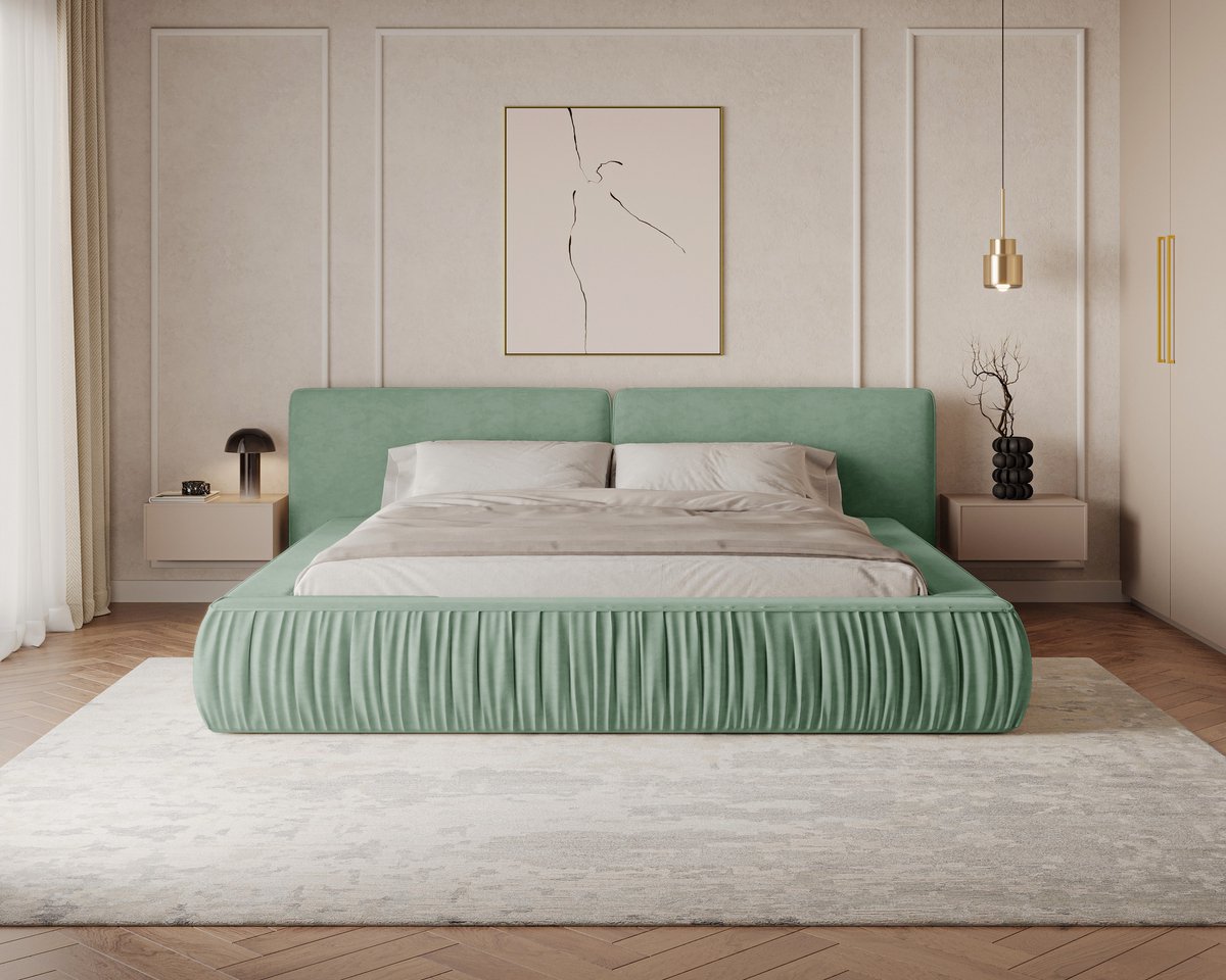 AJE Meubles B.V. Gestoffeerd Bed 08 met Opbergruimte en Houten Lattenbodem 140x200 cm - Mintgroen (Riviera 37)