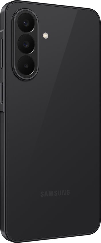 Zijaanzicht van de achterkant van de zwarte Samsung Galaxy A27 5G smartphone.