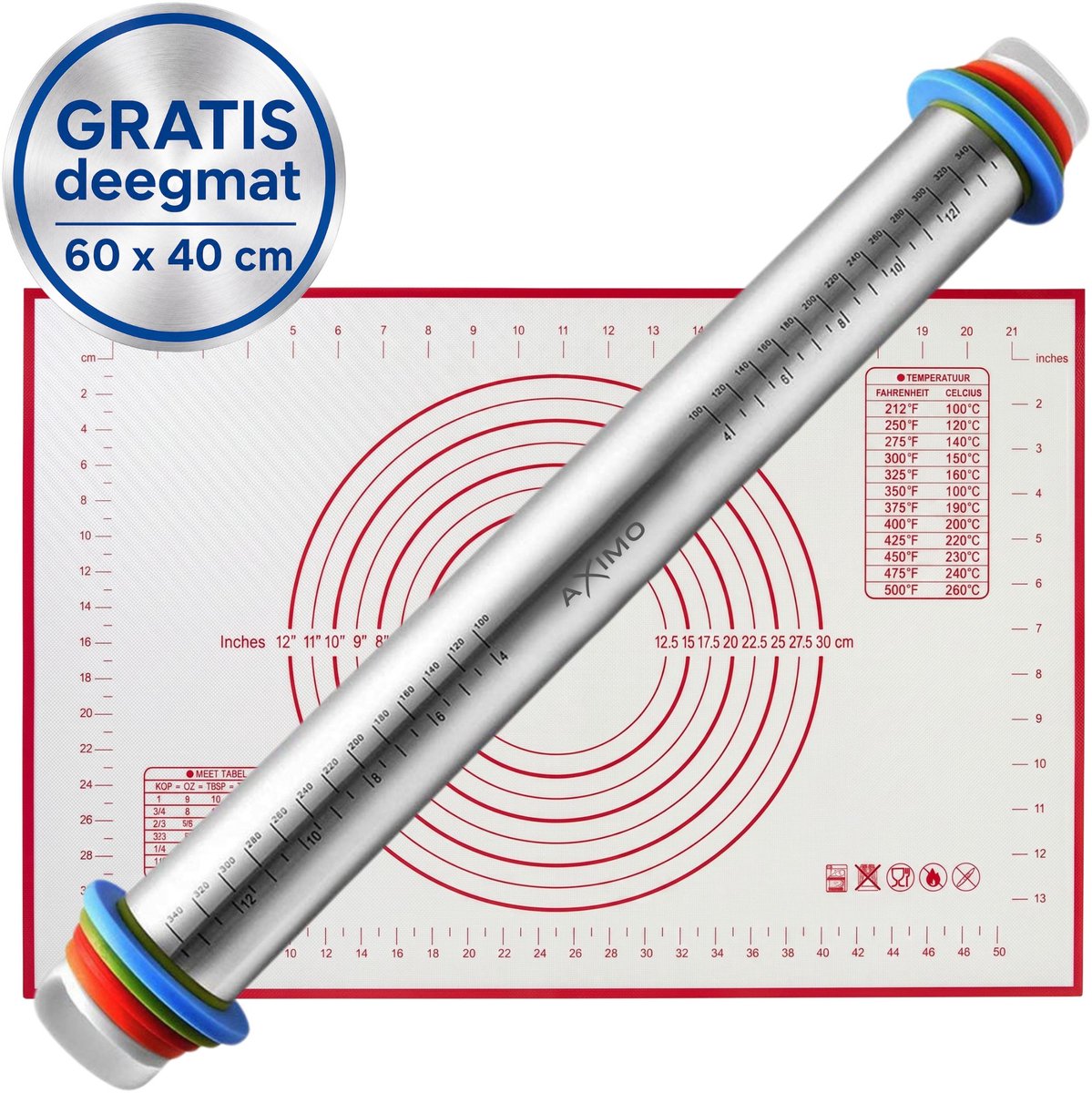 AXIMO Deegroller RVS verstelbaar met XL deegmat 60x40 cm - Fondantroller met siliconen XL bakmat - Antikleef - RVS Rolstok