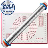 AXIMO Deegroller RVS verstelbaar met XL deegmat 60x40 cm - Fondantroller met siliconen XL bakmat - Antikleef - RVS Rolstok