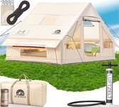 Opblaasbare beige tent voor 2-4 personen met opgerolde zwarte touwen, haringen en opbergzak. Een luchtdrukmeter pomp is ook inbegrepen.