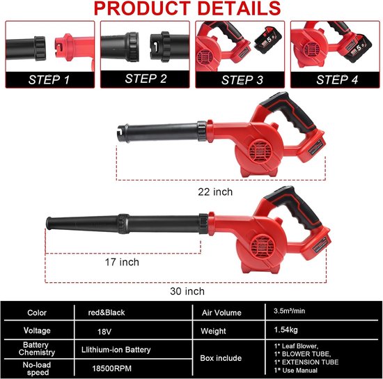 Accu Bladblazer - Elektrische Blazer Tuin - Tuinonderhoud Reinigen - Compatibel Milwaukee 18V - 3.5 m³/min - Rood — afbeelding 4