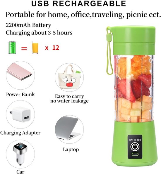 Draagbare Blender - Mini Mixer Smoothie - Gezonde Drankjes Maken - Zes 3D Messen - 380 ml - Groen — afbeelding 5