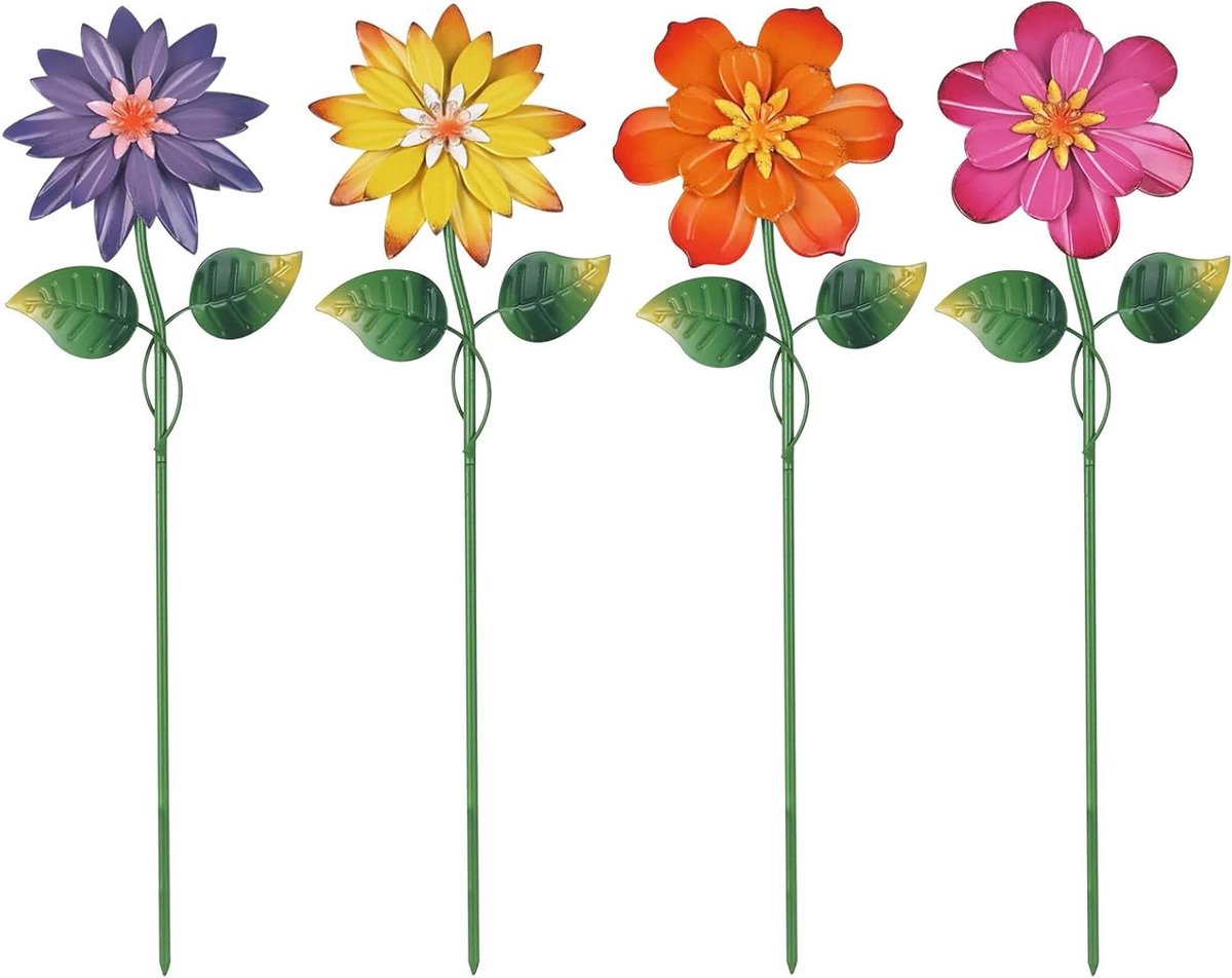 Metalen Bloem Decoratieve Tuinstekers - Tuin Decoratie Set - Tuin Verfraaien - Schuddende Bloemkoppen - 4 stuks 483 cm - Multicolor
